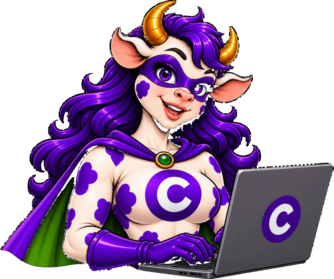 Mascote COW.MARKET — pose laptop